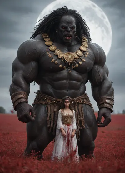 (in a bloody field at midnight after a battle, white full moon in the sky:1.4), (four gigantic African black brute thugs, huge trunklike arms, huge head, hyper muscular body, dressed in slave clothes:1.12)