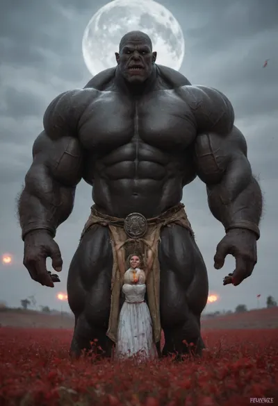 (in a bloody field at midnight after a battle, white full moon in the sky:1.4), (gigantic African black brute thug, huge trunklike arms, huge head, hyper muscular body, dressed in elf slave clothes:1.12)