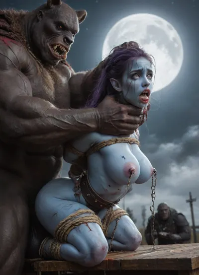 female drow elf barbarian, (dark night blue skin:1.82), tall, angry, busty, curvy, thin waist, big boobs, big butt, slim, athletic, fit, vitiligo, strong, fur pelt armor, dungeons and dragons, purplish blue skin, black and purple hair, Dark, Elf, Warrior, Drow, tattooed, scarred, purple eyes, uberfit, muscular, blue skin, amazon, giant, fur barbarian armor, bloody, blood spatter, bear, bear heart, (in a bloody filed after a battle, white full moon in the sky:1.4), (man is choking her from behind:1.4), ((hogtied, bound with large chains, tied to a torture table:1.3)), cock in mouth, (brutal face fuck), Blowjob, (tears in eyes:1.5), (running makeup), (cum drips from nose:1.3), (cum drips from mouth:1.3), ultra hd, photorealistic, hyper gigantic large black cock in mouth, (((hyper gigantic large black cock in mouth:1.3))), oral cream pie, hair grab, sad, sad crying, tongue out, gasping for air, zavy-brbrn, gangbang, double anal penetration, anal spitroast, groupsex, deepthroat, (4 gigantic African black brute thug, huge trunklike arms, huge head, hyper muscular body, dressed in slave clothes:1.36), (gigantic African black brute thug, gangbang, double anal, anal spit roast, double penetration:1.12), ((hogtied, bound for sex, tied up)), (((hyper gigantic large white cock in mouth:1.3))), (pulled nipples:1.2), nipple clamps, (((spit roast))), (((hyper large cock in mouth:1.3))), screaming, shocked, deep anal penetration, Uber realistic, 8k, ultra detailed, masterpiece, 35mm photograph, film, professional, 4k, 1girl, 5 boys, hdr, photographic, ultra realistic, ultra high details, back light, (front view), (dynamic pose), best quality, anal sex, with large muscular black men, gargantuan black cocks, anal sex expansion, large hyper muscular fat old men, (double anal sex), swollen white veiny cocks, (double anal penetration), hardcore double penetration, proper physics, big white cocks, muscular white double anal gangbang, (forceful penetrations), extremely graphic, shocked expression, beautiful hands, massive cum in ass defeating a woman in combat, fighting, killing, blood, winning fight, magazine cover, Realism_Quality_2xx_By_Stable_Yogi, score_9, score_8_up, score_7_up, (((very pretty face:1.3))), (((extremely ultra detailed face:1.3))), perfect fingers and hands, upper body view, (extreme size difference:1.6), (ultra realistic), (maximum quality), (high resolution), (extreme detail), (ultra realism), UHD, super high quality, highly detailed, high resolution, perfect lighting, natural lighting, (dynamic angle), (random angle), (random pose), (dynamic view), (random view), volumetric lighting, golden hour lighting, dramatic shadows, rich details, nature-inspired color palette, <lora:Dark_Elf_Warrior:1>, <lora:Drow:.9>, <lora:339100_training_data:.8>, <lora:uberfit_lora_sdxl:.8>, <lora:zavy-brbrn-sdxl:.8>