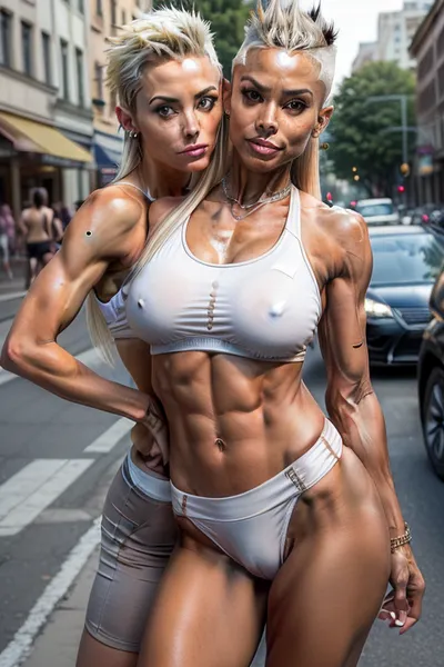 1 woman, 1 man, photography of an, (((anorexic milf woman realistic 65 yo, platinum elegant feminine mohawk hair, very dark tanned skin, aerobics, small bare breasts, pornstar in fitness attire))), kissing at the street an, ((inocent perfectly average quite young man with an average physique and average attractiveness)), urban street background, daylight, abs, toned, fit, athletic, muscular, masculine face, superskinny body, pokies, cameltoe, natural perky athletic tits, tall, tanned, 8k resolution, cinematic, photographic, photorealistic, shot with a dslr, Canon EOS-1D X Mark III, 85 mm f/1.8, STRAIGHT_COUPLE, <lora:more_details:.6>, <lora:StraightCoupleV1:.2>