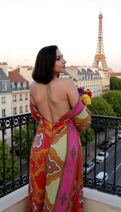 A stunningly beautiful, busty Palestinian woman dressed in a vibrant, flowing kaftan that accentuates her curvy figure, standing on an elegant balcony adorned with intricate wrought-iron railings. The balcony, which is part of an exquisite Parisian apartment, overlooks a picturesque street lined with chestnut trees, their leaves fluttering gently in the warm, summer breeze. The woman's raven hair is uncovered and falls in soft waves over her bare shoulders, and her dark eyes sparkle with life. She is captured in a moment of quiet contemplation, one hand resting on the railing, the other clutching a bouquet of vibrant flowers that match the palette of her outfit. The backdrop to this intimate scene is the breathtaking view of Paris, with the iconic Eiffel Tower rising majestically in the distance, its lattice structure gleaming in the soft, golden light of the setting sun. The cityscape stretches out before her, a tapestry of terracotta rooftops and historic buildings, all bathed in the romantic glow of the fading daylight. The clear sky above is a canvas of pastel hues that melt into each other, creating a serene atmosphere. Her gaze seems to be fixed on the Tower, symbolizing both her admiration for the beauty of her surroundings and a silent nod to the resilience and spirit of the French capital. The image exudes an air of tranquility and peace, as she stands as a beacon of cultural fusion and beauty amidst the timeless charm of Paris.