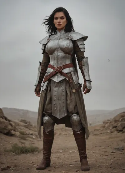 Cassandra Pentaghast from Dragon Age, Inquisition, tall and imposing warrior with a strong athletic build, olive-toned skin, short black hair, sharp brown eyes, stern but noble expression, large bimbo breasts. Wearing her iconic Seeker armor, black and silver plate armor with red accents and the Seeker insignia, heavy gauntlets and boots, long flowing cape. Armed with a longsword, standing with disciplined posture. Background of a battlefield, Chantry courtyard, or Inquisition war council chamber. Ultra-realistic high fantasy art, highly detailed, cinematic heroic atmosphere, commanding presence.