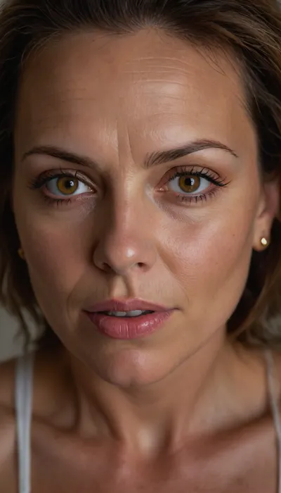 Lubica stepaunt, 60 years old, milf, wrinkles, wrinkled skin, stretchmarks, mature hair, light brunette hair, (piercing amber color eyes:1.4), looking directly at the camera, direct eye contact, smiling eyes, (symmetrical face), big plump juicy lips, lips parted, playful mood, bright-eyed, piercing gaze, intense gaze, wide open eyes, **hyper-detailed irises**, highly detailed skin, natural skin texture, human skin, detailed skin pores, realistic skin, imperfect skin, subtle blemishes, beauty marks, stretch marks, olive skin, aged skin, fine lines, (tanlines:1.3), tan lines, laugh lines, sun-kissed skin, chubby round face, chubby cheeks, subtle makeup, red lipstick, subtle contouring, facing the camera, slightly turned, simple background, shallow depth of field, (((UHD 8K, masterpiece, best quality, maximum details, natural lighting, extreme realism, cinematic still))), RAW photo, subject, (high detailed skin:1.1), 8k uhd, soft lighting, high quality, film grain, Fujifilm XT3, ((high quality, 4k, realistic, high detailed, insanely detailed, real, best quality, ultra-detailed, fine detail, professional photography, taken with Canon EOS 5D Mark IV DSLR, aperture f/8, shutter speed 1/250 sec, ISO 100, highres, 8k wallpaper, cinematic lighting, masterpiece, heavily upvoted)), ((masterpiece)), high detail, complex details, OverallDetail, perfect lighting, professional realistic photo