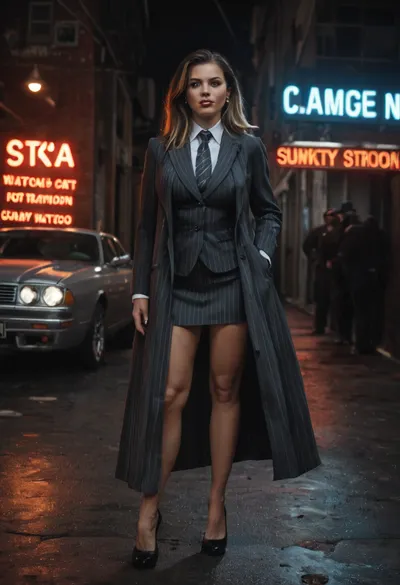 Dottie Bacon from Empire of Sin, tough and intimidating female gangster from Prohibition-era Chicago. Strong and stocky build, stern expression with sharp eyes, short wavy brown hair, large bimbo breasts. Wearing a 1920s gangster outfit, tailored pinstripe suit with vest and tie, long overcoat, and polished shoes. Exuding ruthless confidence. Standing in a dimly lit alleyway with antique cars, neon signs, and speakeasy doors glowing behind her, smoky noir atmosphere. Ultra-realistic 1920s art deco style, highly detailed, cinematic dramatic lighting, gritty and dangerous mood.