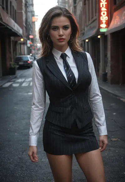 Dottie Bacon from Empire of Sin, tough and intimidating female gangster from Prohibition-era Chicago. Strong and stocky build, stern expression with sharp eyes, short wavy brown hair, large bimbo breasts. Wearing a 1920s gangster outfit, tailored pinstripe suit with vest and tie, short skirt, and long overcoat. Exuding ruthless confidence. Standing in a dimly lit alleyway with antique cars, neon signs, and speakeasy doors glowing behind her, smoky noir atmosphere. Ultra-realistic 1920s art deco style, highly detailed, cinematic dramatic lighting, gritty and dangerous mood.