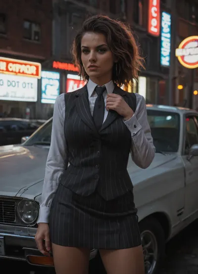 Dottie Bacon from Empire of Sin, tough and intimidating female gangster from Prohibition-era Chicago. Strong and stocky build, stern expression with sharp eyes, short wavy brown hair, large bimbo breasts. Wearing a 1920s gangster outfit, tailored pinstripe suit with vest and tie, short skirt, and long overcoat. Exuding ruthless confidence. Standing in a dimly lit alleyway with antique cars, neon signs, and speakeasy doors glowing behind her, smoky noir atmosphere. Ultra-realistic 1920s art deco style, highly detailed, cinematic dramatic lighting, gritty and dangerous mood.