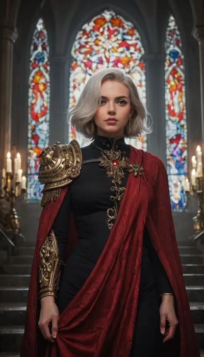Beautiful but battle-hardened Adepta Sororitas, Sister of Battle from Warhammer 40k. Strong and elegant female warrior, pale skin with flawless features, sharp eyes burning with holy zeal. Wearing ornate black and silver powered armor adorned with purity seals, fleur-de-lis insignias, and red robes flowing beneath the armor. Short-cropped or shoulder-length hair, halo of divine light or glowing eyes symbolizing her faith. Armed with a bolter or flaming sword, standing amidst a ruined cathedral battlefield with stained glass shattered and holy fire burning. Ultra-realistic grimdark gothic art, highly detailed, cinematic lighting, epic and sacred atmosphere.