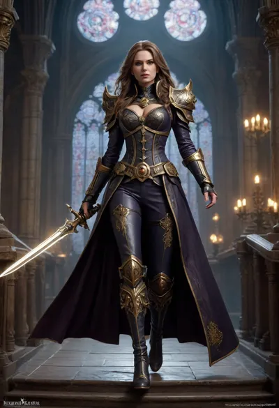 Beautiful female Rogue Trader from Warhammer 40k, tall and commanding with an aura of nobility and danger. Elegant yet battle-ready build, pale flawless skin, piercing eyes filled with ambition, long flowing hair styled regally. Wearing ornate voidsuit or high gothic coat with gilded trim, decorated with purity seals, rosettes, and aquila insignia. Armed with a master-crafted power sword in one hand and a plasma pistol in the other, standing confidently on the bridge of a massive voidship. Surrounded by gothic starship architecture, stained glass, servo-skulls, cogitators, and banners of the Imperium. Ultra-realistic grimdark gothic sci-fi art, highly detailed, cinematic lighting, atmosphere of wealth, faith, and ruthless power.