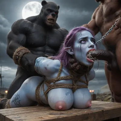 female drow elf barbarian, (dark night blue skin:1.82), tall, angry, busty, curvy, thin waist, big boobs, big butt, slim, athletic, fit, vitiligo, strong, fur pelt armor, dungeons and dragons, purplish blue skin, black and purple hair, Dark, Elf, Warrior, Drow, tattooed, scarred, purple eyes, uberfit, muscular, blue skin, amazon, giant, fur barbarian armor, bloody, blood spatter, bear, bear heart, (in a bloody filed after a battle, white full moon in the sky:1.4), (man is choking her from behind:1.4), ((hogtied, bound with large chains, tied to a torture table:1.3)), cock in mouth, (brutal face fuck), Blowjob, (tears in eyes:1.5), (running makeup), (cum drips from nose:1.3), (cum drips from mouth:1.3), ultra hd, photorealistic, hyper gigantic large black cock in mouth, (((hyper gigantic large black cock in mouth:1.3))), oral cream pie, hair grab, sad, sad crying, tongue out, gasping for air, zavy-brbrn, gangbang, double anal penetration, anal spitroast, groupsex, deepthroat, (4 gigantic African black brute thug, huge trunklike arms, huge head, hyper muscular body, dressed in slave clothes:1.2), ((hogtied, bound for sex, tied up)), (eyes wide open in horror:1.72), (wide mouth spreader:1.8), (pleading expression:1.56), (terrified:1.48), (crying:1.48), (fear and panic:1.56), (pulled nipples:1.2), nipple clamps, (((spitroast))), (((hyper large cock in mouth:1.3))), shocked, deep anal penetration, Uber realistic, 8k, ultra detailed, masterpiece, arched back, detailxl, 35mm photograph, film, professional, 4k, 1girl, 5 boys, hdr, photographic, ultra realistic, ultra high details, back light, best quality, with large muscular black men, gargantuan black cocks, anal sex expansion, large hyper muscular fat old men, (double anal sex), swollen white veiny cocks, (double anal penetration), hardcore double penetration, proper physics, big white cocks, muscular white double anal gangbang, (forceful penetrations), extremely graphic, shocked expression, beautiful hands, massive cum in ass, defeating a woman in combat, fighting, killing, blood, winning fight, magazine cover, Realism_Quality_2xx_By_Stable_Yogi, score_9, score_8_up, score_7_up, (((very pretty face:1.3))), (((extremely ultra detailed face:1.3))), perfect fingers and hands, upper body view, (extreme size difference:1.6), (ultra realistic), (maximum quality), (high resolution), (extreme detail), (ultra realism), UHD, super high quality, highly detailed, high resolution, perfect lighting, natural lighting, (dynamic pose), (dynamic angle), (random angle), (random pose), (dynamic view), (random view), volumetric lighting, golden hour lighting, dramatic shadows, rich details, nature-inspired color palette, <lora:Dark_Elf_Warrior:1.3>, <lora:Drow:1.3>, <lora:339100_training_data:1.3>, <lora:uberfit_lora_sdxl:1.3>, <lora:zavy-brbrn-sdxl:1.3>