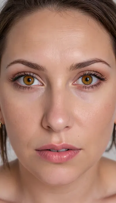60 years old, milf, wrinkles, wrinkled skin, stretchmarks, mature hair, messy brunette hair, (piercing amber color eyes:1.4), looking directly at the camera, direct eye contact, smiling eyes, (symmetrical face), big plump juicy lips, lips parted, playful mood, bright-eyed, piercing gaze, intense gaze, wide open eyes, **hyper-detailed irises**, highly detailed skin, natural skin texture, human skin, detailed skin pores, realistic skin, imperfect skin, subtle blemishes, beauty marks, stretch marks, olive skin, aged skin, fine lines, (tanlines:1.3), tan lines, laugh lines, sun-kissed skin, round face, chubby cheeks, subtle makeup, red lipstick, subtle contouring, facing the camera, slightly turned, simple background, shallow depth of field, (((UHD 8K, masterpiece, best quality, maximum details, natural lighting, extreme realism, cinematic still))), RAW photo, subject, (high detailed skin:1.1), 8k uhd, soft lighting, high quality, film grain, Fujifilm XT3, ((high quality, 4k, realistic, high detailed, insanely detailed, real, best quality, ultra-detailed, fine detail, professional photography, taken with Canon EOS 5D Mark IV DSLR, aperture f/8, shutter speed 1/250 sec, ISO 100, highres, 8k wallpaper, cinematic lighting, masterpiece, heavily upvoted)), ((masterpiece)), high detail, complex details, OverallDetail, perfect lighting, professional realistic photo