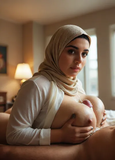 ultra realistic, very surprised woman, (titfuck:1.4), naked titfuck, bedroom, under average height, compact body, one foot tall woman, painted nails, french tip nails, barefoot, wasp waist, snatched waist, very lean body, proportioned body, lean legs, lean ass, lean thighs, very sweet face, hinata, big fat lips, (laying on stomach, feet pulled up), (titjob without using hands), (clothed titfuck:1.4), sloppy cum explosion, messy cumshot, between breasts, cum explosion between boobs, beautiful face, ultra hd, pov, (side view:1.3), realistic, hijab, muslim, arab, scarf, jerseyseries, silkseries, parisseries, retrofuturistic hospital room, (Very curvy BBW young womans), ((sBbw+PAWG)), (obese:1.4), <lora:hijab-style:1>, <lora:MJ52:.5>, <lora:M05_Intensify:.5>, <lora:gyakutaiojisan_bed_AB_XL:.8>