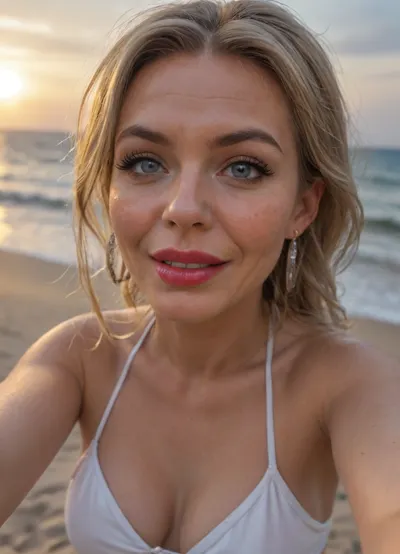 (milf:1.2), (mature), (wrinkly face:1.3), (freackles:1.3), (sharp face features:1.3), (light gray eyes), (sharp chin), (big mouth), (skiny face), (narrow face), big eyes, wide open eyes, white bikiny, beach, evening, seductive look, sly look, smirk, blonde hair, ponytail, (bimbo makeup:1.2), (wide cheekbones), hard shadows, oiled face, dim lighting, (skinny), small breasts, photo, selfie, view from below, low angle view, red lipstick
