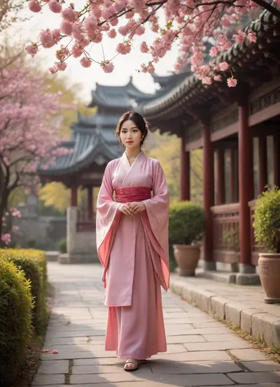 (masterpiece), (best quality), (extremely detailed CG unity 8k wallpaper), (photorealistic:1.2), (realistic:1.2), beautiful young asian woman, delicate features, medium shot, full body, walking pose, elegant Chinese hanfu, traditional pink flowing hanfu with floral embroidery, white pants, holding a traditional pink paper umbrella, serene garden, winding stone path, blooming cherry blossom trees, pink petals, lush rose bushes, (pink roses, yellow roses, red roses), on both sides, traditional Chinese architecture, bridge in background, soft natural light, warm atmosphere, tranquil, peaceful, studio lighting, highly intricate, sharp focus, volumetric lighting, light rays, depth of field