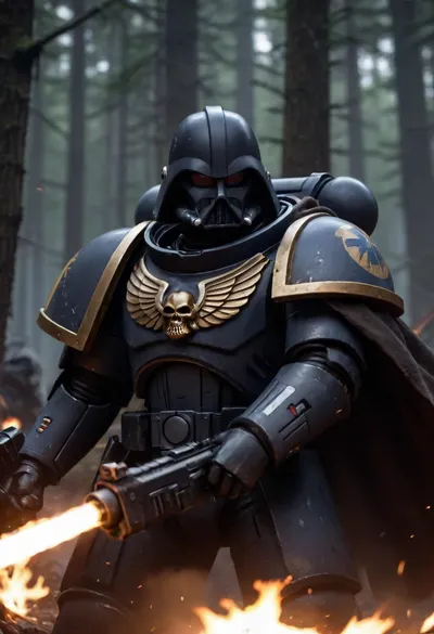 Darth Vader in a black space marine's power armor on the battlefield, fighting against Wookiee in the Star Wars forest, Knight, black colourful armor, black hooded cloak, holding, bolter, power, primaris, helmet, defeated Wookiees in the background, <lora:primaris_marine-knight_armor-000007:.8>