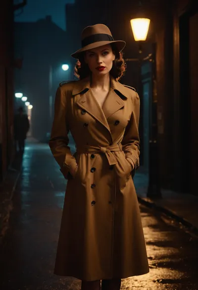 Beautiful female private detective in a 1940s film noir setting. Tall and elegant with a slim, strong build, pale flawless skin, bold red lipstick, piercing eyes filled with suspicion, large bimbo breasts. Wearing a tailored trench coat and fedora hat, short pencil skirt, and stockings. Standing under a flickering streetlamp in a rain-soaked alley, neon sign glowing faintly in the distance. Shadowy figures hinted in the background. Ultra-realistic retro noir art, highly detailed, cinematic chiaroscuro lighting, moody and mysterious atmosphere.