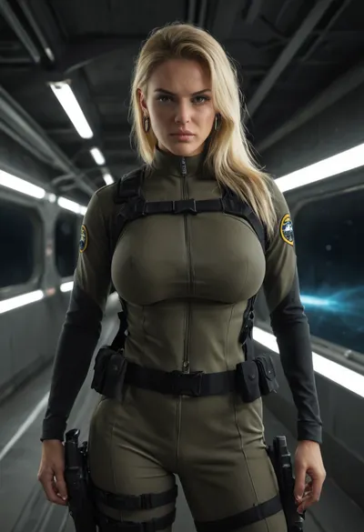 Beautiful female starship captain in a gritty realistic sci-fi universe inspired by The Expanse. Strong and athletic build, determined expression, sharp eyes showing leadership under pressure, large bimbo breasts. Wearing practical belter/UNN/MCRN-inspired starship uniform, dark tactical jumpsuit with utility harness, subtle patches and insignia, sidearm holstered. Tied-back hair, no-nonsense style. Standing on the bridge of a starship, narrow corridors, glowing control panels, exposed piping, zero-g straps and railings. Background of outer space through reinforced windows, stars and distant asteroids. Ultra-realistic hard sci-fi art, highly detailed, cinematic dramatic lighting, tense and commanding atmosphere.