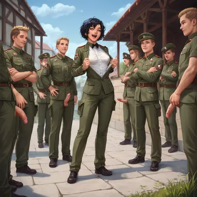 A barracks, a barracks yard, four soldiers standing in front of a woman. All soldiers are wearing field uniforms. All soldiers have short hair. All soldiers have open trousers, (open fly), normal penises, and the woman is quite excited by the many cocks. She is holding a soldier's cock in her hand. She looks happy. Full-length view, full-length shot, full-length view including the soldiers' faces, with other soldiers in the background., penis, <lora:xpenis-1.5e:.8>