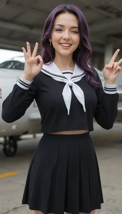 masterpiece, best quality, amazing quality, youko mendou, long hair, blue eyes, purple hair, bow, hair bow, mole, mole under eye, mature female, anime screencap, skirt, serafuku, shirt, black shirt, white sailor collar, long sleeves, black skirt, neckerchief, white neckerchief, curemelody pose, solo, smile, open mouth, one eye closed, v, d, v over eye, hands up, hangar, planes, large, storage, aviation, cowboy shot, looking at viewer