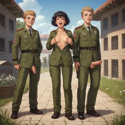 A barracks, a barracks yard, four soldiers standing in front of a woman. All soldiers are wearing field uniforms. All soldiers have short hair. All soldiers have open trousers, (open fly), normal penises, and the woman is quite excited by the many cocks. She is holding a soldier's cock in her hand. She looks happy. Full-length view, full-length shot, full-length view including the soldiers' faces, with other soldiers in the background., penis, <lora:276883_training_data:.8>, <lora:xpenis-1.5e:.8>