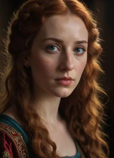 portrait of an English lady of 14th century, detailed face, detailed hair, Boticelli style