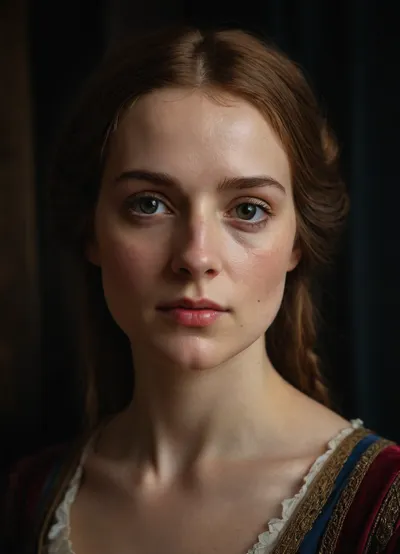 portrait of an English lady of 14th century, detailed face, detailed hair, Da Vinci style