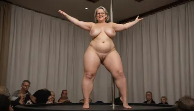 CABARET. STRIPTEASE CLUB. POLE DANCE. A camera show from low angle dancing Beautiful granny woman with glasses and wrinkles around mouth and nose. Dark make up face. A photo captures a FAT and obese GRANNY 61-year-old COMPLETE NUDE European POLE dancer woman with LONG STRAIGHT GREY hair and WEAK wrinkled face AND HIGH CHEEKBONES, dancing in an POLE DANCE. Very old man look at woman. The scene is rendered in a realistic, 8K style, reminiscent of the vivid, a focus on true colors and lifelike textures. no panties, without panties, no bra., full, obese figure is visible., LONG, bare, plump thighs visible. LONG LEGS. SHAGGY TITS AND SHAGGY BELLY. FAT and SHAGGY FOREARMS. SHE DANCING FOR CASH. Her face, marked with wrinkles, exudes a sense of confidence and passion. The composition highlights her full body., diaphanous, dress, <lora:xl_diaphanous_dress-1.0:1.5>, sagging, breasts, <lora:sagging-000015:1.5>, stretch, marks, <lora:stretch_marks:.8>
