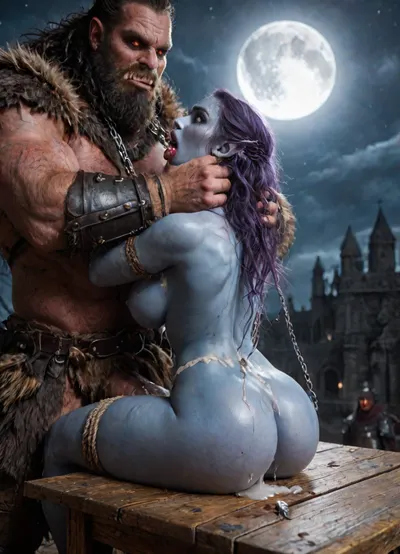((female drow elf barbarian, (dark night blue skin:1.82), tall, angry, busty, curvy, thin waist, big boobs, big butt, slim, fit, vitiligo, strong, fur pelt armor, dungeons and dragons, purplish blue skin, black and purple hair)), Dark, Elf, Warrior, Drow, tattooed, scarred, purple eyes, blue skin, amazon, giant, fur barbarian armor, bloody, blood spatter, bear, bear heart, (in a bloody drow temple after a battle, white full moon in the sky:1.4), (man is choking her from behind:1.4), ((hogtied, bound with large chains, tied to a torture table:1.3)), cock in mouth, (brutal face fuck), Blowjob, (tears in eyes:1.5), (running makeup), (cum drips from nose:1.3), (cum drips from mouth:1.3), ultra hd, photorealistic, hyper gigantic large black cock in mouth, (((hyper gigantic large black cock in mouth:1.3))), oral cream pie, hair grab, sad, sad crying, tongue out, gasping for air, zavy-brbrn, gangbang, double anal penetration, anal spitroast, groupsex, deepthroat, (4 gigantic African black brute thug, huge trunklike arms, huge head, hyper muscular body, dressed in slave clothes:1.2), ((hogtied, bound for sex, tied up)), (((hyper gigantic large white cock in mouth:1.3))), (pulled nipples:1.2), nipple clamps, (((spitroast))), (((hyper large cock in mouth:1.3))), screaming, shocked, deep anal penetration, Uber realistic, 8k, ultra detailed, masterpiece, arched back, detailxl, 35mm photograph, film, professional, 4k, 1girl, 5 boys, hdr, photographic, ultra realistic, ultra high details, back light, (front view), (dynamic pose), best quality, incredibly lean body, anal sex, with large muscular black men, gargantuan black cocks, anal sex expansion, large hyper muscular fat old men, (double anal sex), swollen white veiny cocks, (double anal penetration), hardcore double penetration, proper physics, big white cocks, muscular white double anal gangbang, (forceful penetrations), extremely graphic, shocked expression, beautiful hands, massive cum in ass defeating a woman in combat, fighting, killing, blood, winning fight, magazine cover, Realism_Quality_2xx_By_Stable_Yogi, score_9, score_8_up, score_7_up, (((very pretty face:1.3))), (((extremely ultra detailed face:1.3))), perfect fingers and hands, upper body view, (full body view:1.4), (extreme size difference:1.32), (ultra realistic), (maximum quality), (high resolution), (extreme detail), (ultra realism), UHD, super high quality, highly detailed, high resolution, perfect lighting, natural lighting, (dynamic angle), (random angle), (random pose), (dynamic view), (random view), volumetric lighting, golden hour lighting, dramatic shadows, rich details, nature-inspired color palette, <lora:Dark_Elf_Warrior:2>, <lora:Drow:2>, <lora:339100_training_data:2>, <lora:zavy-brbrn-sdxl:2>, <lora:LCMTurboMix_Euler_A_fix:2>