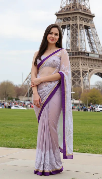 Beautiful mature Indian woman, wearing a see thru sari, Eiffel Tower setting