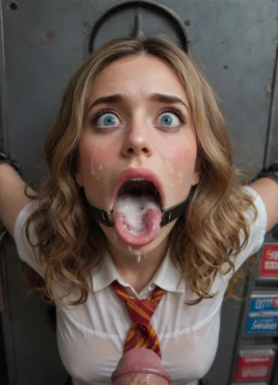 (woman is stuck with her hips in a round hole with metal rim in a vending machine), (her bust is protruding from a round hole in the front of the vending machine:1.5), (stuck in hole with metal rim:1.3), (vending machine at night, slot for payment), (wide mouth spreader ring gag, gaping mouth:1.5), (leaning forward), (embarrassed, ashamed), (pleading expression:1.2), (terrified:1.6), (crying), (fear and panic:1.2), (box is low mounted, close to floor), (score_9, score_8_up, score_7_up, UHD 8K, masterpiece, best quality, maximum details, natural light, extreme realism, cinematic still), (huge penis:1.4), (she stares at erect penis in front of her face:1.3), (POV from above, she is looking up to viewer, submissive), (POV man standing and looking down, man stroking his big dick:1.1), (arms restrained to wall), (her arms left and right flat against the wall, multiple iron rings fixing her stretched arms against the wall:1.5), (POV standing man, looking down on her:1.2), (mouth wide open), (dirty blonde Swedish woman, freckles, tanned), (tan lines), (iron rings restrain her arms to vending machine), (her arms are spread eagle against vending machine:1.8), (arms restrained with iron rings:1.8), (free-standing vending machine), (her face is covered in cum:1.6), (cum in her mouth:1.1), (bukkake, facial:1.3), (freckles, skin impurities), (transparent liquid:1.2), (realistic cum), (wet face:1.2), (oily skin:1.5), (stuck with hips in a round hole with metal rim:1.6), (long blonde hair, elegantly styled hair, long wavy hair:1.5), (eyes wide open in horror:1.3), (her mouth serves only one purpose), (she's got a new job, she's a public cum dumpster), (pink glossy lips:1.3), (shocking pink lips, pink lipstick:1.5), (eerie lighting:1.3), (smeared lipstick:1.3), (white shirt, red and golden striped tie:1.3)