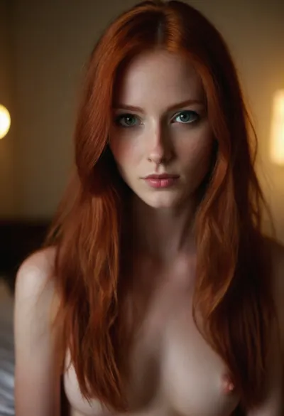 beautiful skinny model, college student, in dorm room, long red hair, seductive hazel eyes, perfect skin, pale skin, perky tits, puffy, nipples, <lora:Nipples XL:.8>