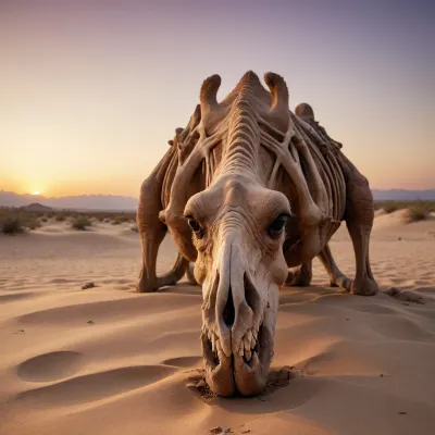 Skeleton of a dead camel at sunset in the desert