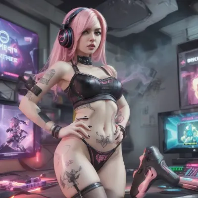 (1girl 30 yo with pink long hair in a sexy outfit with headphones), m4 sopmod ii girls frontline, oppai cyberpunk, seductive anime girl, perfect android girl, cyberpunk anime girl, artwork in the style of guweiz, female cyberpunk anime girl, trending at cgstation, trending on cgstation, fine details. girls frontline, from girls frontline, girls frontline universe, guweiz, cyberpunk femme fatale, ((slim girl)), ((small breasts)), ((small butt)), (((lingerie))), candy room, amplifier, (she wears studded bracelets), ((she wears a SEPULTURA Shirt)), ((small eyebrowns, black eyeliner)), ((bodypainting)), (freundliches lächeln), ((clouds of smoke)), transparent, clothes, (with, pokies), (facepainting), <lora:Transparent_Clothes_V2:.5>, <lora:pokies_9:.2>, SkinPerfection_NegV15, epiCPhoto, flames, (((she dances in a gamer room)))