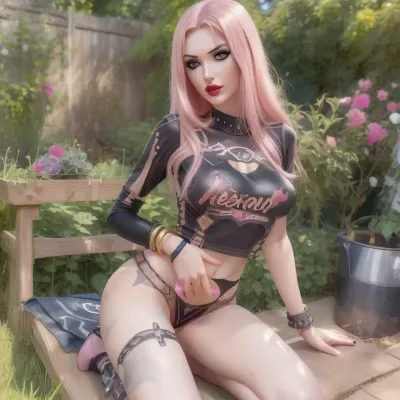 (1girl 20 yo with pink long hair in a sexy outfit), m4 sopmod ii girls frontline, oppai cyberpunk, seductive anime girl, perfect android girl, cyberpunk anime girl, artwork in the style of guweiz, female cyberpunk anime girl, trending at cgstation, trending on cgstation, fine details. girls frontline, from girls frontline, girls frontline universe, guweiz, cyberpunk femme fatale, nude, with pokies, (slim girl), (small breasts), (small butt), lingerie, pose, candy room, amplifier, (she wears studded bracelets), (((she wears a Sepultura Shirt))), (small eyebrowns), (eyeliner), ((bodypainting)), (freundliches lächeln), ((smoke)), transparent, clothes, ((red lips)), (((smoky-eyes))), <lora:pokies_9:.5>, <lora:Transparent_Clothes_V2:.5>, she smiles, (((she sits in the garden and sunbathes)))