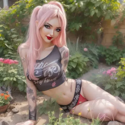 (1girl 20 yo with pink long hair in a sexy outfit), m4 sopmod ii girls frontline, oppai cyberpunk, seductive anime girl, perfect android girl, cyberpunk anime girl, artwork in the style of guweiz, female cyberpunk anime girl, trending at cgstation, trending on cgstation, fine details. girls frontline, from girls frontline, girls frontline universe, guweiz, cyberpunk femme fatale, nude, with pokies, (slim girl), (small breasts), (small butt), lingerie, pose, candy room, amplifier, (she wears studded bracelets), (((she wears a Sepultura Shirt))), (small eyebrowns), (eyeliner), ((bodypainting)), (freundliches lächeln), ((smoke)), transparent, clothes, ((red lips)), (((smoky-eyes))), <lora:pokies_9:.5>, <lora:Transparent_Clothes_V2:.5>, ((she smiles)), (((she sits in the garden and sunbathes)))