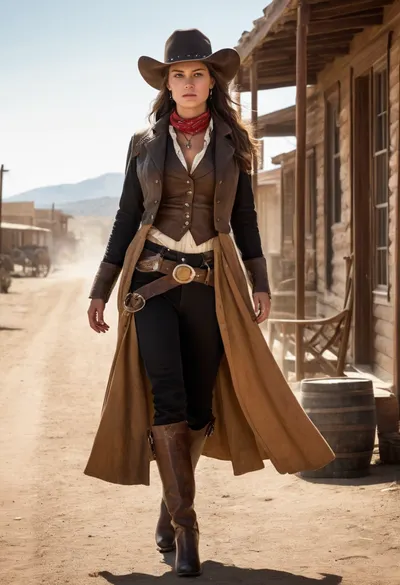 Beautiful female gunslinger of the Old West, tall and lean with a rugged but graceful presence. Sun-kissed skin, sharp piercing eyes under the brim of a wide cowboy hat, long windswept hair tied back. Wearing authentic 1800s gunslinger attire, weathered leather duster coat, vest, button-up shirt, gun belt with holstered revolvers, spurred boots, and a bandana around her neck. Standing in a dusty frontier town street at high noon, tumbleweeds rolling by, saloon and sheriff’s office in the background. Holding one hand near her revolver, poised for a duel. Ultra-realistic Western art, highly detailed, cinematic golden sunlight, gritty and dramatic atmosphere.