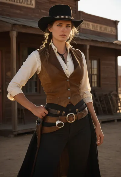 Beautiful female gunslinger of the Old West, tall and lean with a rugged but graceful presence. Sun-kissed skin, sharp piercing eyes under the brim of a wide cowboy hat, long windswept hair tied back. Wearing authentic 1800s gunslinger attire, weathered leather duster coat, vest, button-up shirt, gun belt with holstered revolvers, spurred boots, and a bandana around her neck. Standing in a dusty frontier town street at high noon, tumbleweeds rolling by, saloon and sheriff’s office in the background. Holding one hand near her revolver, poised for a duel. Ultra-realistic Western art, highly detailed, cinematic golden sunlight, gritty and dramatic atmosphere.