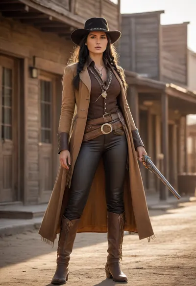 Beautiful Native American female gunslinger of the Old West, strong and graceful with a proud stance. Sun-kissed skin, long black braided hair, piercing dark eyes filled with determination. Wearing a mix of frontier and Native attire, weathered leather duster coat over traditional beaded tunic, gun belt with revolvers at her side, cowboy hat with feather tucked into the band, and sturdy riding boots. Standing in a dusty frontier town street at dawn, poised for a duel, saloon and wooden buildings in the background, desert mountains on the horizon. Ultra-realistic Western art, highly detailed, cinematic golden sunlight, atmosphere of grit, pride, and strength.