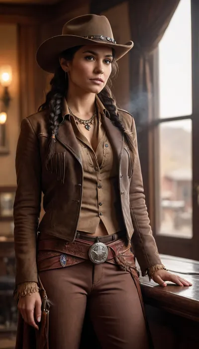 Beautiful Native American female gunslinger of the Old West, proud and striking with a commanding presence. Strong athletic build, sun-kissed skin, long black braided hair adorned with subtle beadwork, sharp dark eyes with a confident smirk. Wearing a long weathered leather duster coat over a beaded tunic, gun belt with revolver at her hip, cowboy hat tilted low with a feather tucked in the band. Leaning casually against the polished wooden bar of a smoky frontier saloon, whiskey glass in hand. Warm lamplight and haze of cigar smoke fill the room, piano in the background, patrons casting wary glances her way. Ultra-realistic Western art, highly detailed, cinematic moody lighting, tense yet charismatic atmosphere.