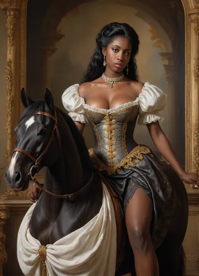 a black woman in the rococo period wearing a dress with her huge tits exposed, (((oil painting. a black horse fucks Catherine.))), nipples showing in a castle in front of a young white man with his cock out sucking her nipples
