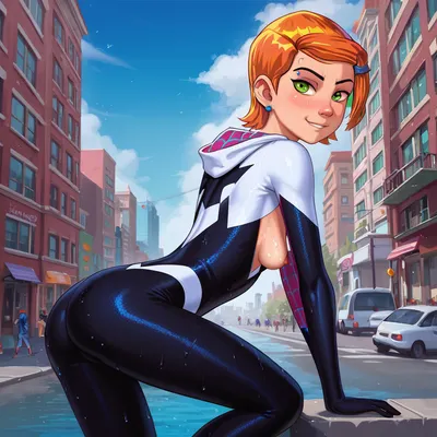 Gwen Stacey, spidey suit, sagging breasts, she crawls on the side of the building like Spider-Man, masterpiece, best quality, 1girl, spiderverse, style, stacy, spidergwen, wallcrawlling, with her ass out, gwen, tennyson, (/Ben10), /, (ultra, HD, quality, details), bright, orange, hair, short, (green, eyes), <lora:Gwen Tennyson (Ben10) - XL SCXL V1.0:.8>