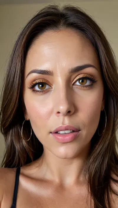sexy mature, 45 years old, brunette, long hair, heavy make up, hoop earrings, tan skin, sexy naught shy smile flirt face, curvy wide body, small very natural saggy tits, face focus selfie, looking at the camera, face and eyes focus, Intense gaze, intense seductive eye contact with the viewer, (striking bright Amber eyes:1.5), <lora:rknArouseXL:.8>