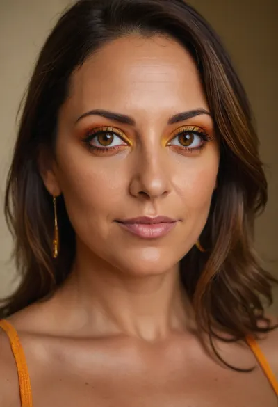 Italian sexy mature, 45 years old, brunette hair with gray streaks, medium hair, heavy make up, hoop earrings, tan skin, sexy naught shy smile flirt face, curvy wide body, small very natural saggy tits, face focus selfie, looking at the camera, face and eyes focus, Intense gaze, intense seductive eye contact with the viewer, (striking bright Amber eyes:1.5), <lora:698348_training_data:.8>