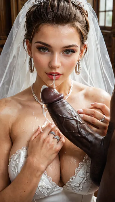 interracial, close up image of her hands and her wedding rings., (1 black man takes her hand close to the camera and cumshot on her wedding ring in her wedding ring finger:1.1), . A bride holding her hand close to the camera, focusing on her hand and wedding ring, with clear detail on the ring.
An Iranian bride with curvy, busty features, visibly humiliated, with wet, sticky, glossy cum on her wedding ring and modern transparent wedding dress, surrounded by 3 muscular, aggressive, black-skinned African lux men with large black cocks. super modern strappy sheer wedding dress. she shows her wedding ring, which is glistening in glossy sticky cum to the camera., proposal, <lora:681678_training_data:1.1>, <lora:proposal_XL_v1:1.1>