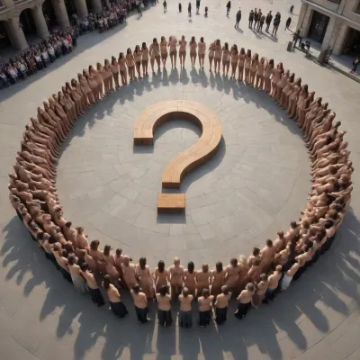 A big wooden question mark 10 meters high on a city square in between crowd of naked young women, ((text, "WHY?")), "your, text, logo, <lora:dvr-ftl:1.7>