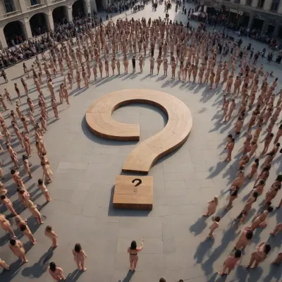 A big wooden question mark 10 meters high on a city square in between crowd of naked young women, ((text, "WHY?")), "your