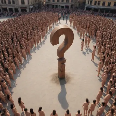 A big wooden question mark 10 meters high on a city square in between crowd of naked young women