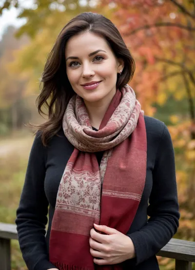 Overall Impression, The image captures a 55yo woman outdoors, likely in a natural setting during autumn. The atmosphere is serene and slightly overcast, with a focus on the woman and the surrounding foliage.

The 55yo woman is in her hormonal cycle shortly before ovulation. She is very aroused and hot and behaves like a cat in heat. Her body is wet with sweat, her eyes are wet and glassy, her lips are thick, her mouth is lasciviously open, she laughs excitedly and her genitals are swollen. Hollow back emphasizing her breast. She behaves very submissive and anxious to attract a potent sexual partner. Her whole body signals submissiveness and that she is ready to be inseminated. She assumes a submissive posture and shows herself very ready to mate, submissively waiting to be fertilized soon. She signals to do anything to finally copulate. Her look is aiming at turning on. The image features a beautiful very sexy 55yo woman. Cinematic. well fed with a nice tummy, belly rolls, sturdy thighs, Skin with age marks. Stocky physique. Beautiful Love handles. Round buttocks. Normal overly attractive girl next door. Body according to age with imperfections. Oval face. Pale skin, no tan. Height 170cm. Breast size 80C. Smiling. Dark brunette hair, medium bob cut, very thin hair, hair parted on one side. very high forehead. thinning hair with little volume, hair combed back tucked behind ears, Sturdy thighs, little tummy, wide very female hips, Decent makeup. Small eyes. Thin eyebrows. Beautiful capturing mature woman. Smiling. She has long, wavy brown hair styled in a high ponytail. Her complexion is fair, and she has a gentle smile. She's wearing small earrings. She is dressed in a black outfit, including a long-sleeved top or sweater and what appears to be leggings. The most striking element of her outfit is a large, patterned scarf. The scarf is black and white with a geometric design. She is leaning against a wooden fence or railing. Her gaze is directed slightly off-camera, giving the impression that she is looking at something interesting. Her expression is pleasant and relaxed.

The background is a forest or park environment, with trees visible. The trees display vibrant autumn colors, with leaves in shades of orange, red, and brown. The sky is overcast, creating a soft, diffused light. In the distance, a hint of a body of water or a valley can be seen, adding depth to the scene.

The shot is a medium shot, focusing on the woman from the waist up. The composition is balanced, with the woman positioned slightly off-center.The lighting is natural and soft, given the overcast conditions. This helps to create a gentle mood.The dominant colors are the warm hues of autumn, (reds, oranges, browns), contrasted with the black and white of the woman's scarf and clothing. The overcast sky contributes a cooler, muted tone. The image evokes a feeling of tranquility, beauty, and the enjoyment of nature. It suggests a moment of strong sexual desire and craving.