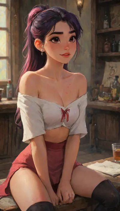 masterpiece, best quality, gllood quality, year 2025, anime character, demon femboy, black hair with pink streak, ((pink streaked hair)), (high ponytail, long hair), purple eyes, Enchanting Eyes, side bangs, stud earring, perfect figure, solo, 1boy, otoko no ko, red skin, general, tavern bar, sidelighting, clear outlines, open mouth, open eyes, smile, d, laughing, long hair, pretty, small pointy ears, blush, sidelocks, fantasy tribal clothing, tribal tattoos, tight clothes, medieval Peasant Blouse A loose off-the-shoulder, Bodice fitted tightly, sometimes over a blouse. Designed to accentuate the waist and bust, but still allow movement, Skirt, Boots, tavern girl clothing, bulge.

best quality, 8k, insane details, intricate details, hyperdetailed, hyper quality, high detail, ultra detailed, professional, HDR, ray tracing reflection, cinematic lighting, highlydetailedbody, realisticface, highlydetailedhair, insanelydetailed, 8K.highdetailedskin, highresolution, perfectfingers, (j_cartoon:1.5), drawing, supermodel, face, big, lips, <lora:EnvyInfernalXL01:1>, <lora:SDXLHighDetail_v6-000005:.8>, <lora:samdoesarts1.1-000030:.4>, <lora:J_cartoon:.3>, <lora:Animated_Concept:.4>