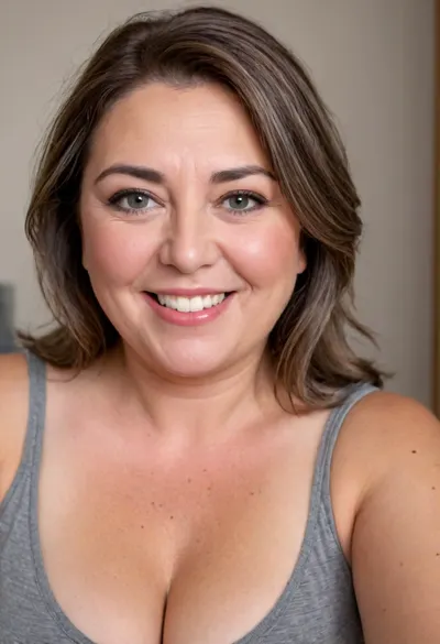 Photo of a fat 60 year old mature brunette woman with beautiful eyes, ((obese)), realistic skin, skin texture visible, (sharp focus), (high quality), (face visible), ((Detailed Face and Eyes)), 8k high definition, ((Greek woman)), ((wild light brunette hair with gray streaks:1.3)), ((stunningly beautiful woman)), ((sexy woman)), ((thin low-cut v-neck t-shirt)), ((smiling)), close up, ((leaning towards viewer)), ((saggy)), ((cleavage)), ((pokies)), ((erotic background)), (((perfect lighting))), ((front view)), (((looking at viewer))), (((chubby face:1.3))), (((round face:1.3))), ((mature woman)), (detailed skin texture, skin imperfections), (age-appropriate skin condition, wrinkles, wrinkled skin), downblouse, nipslip, fat，, chubby，, <lora:add-detail-xl:.8>, <lora:RealDownblouseXL2:1>, <lora:chubbyladyXL2.0:.5>