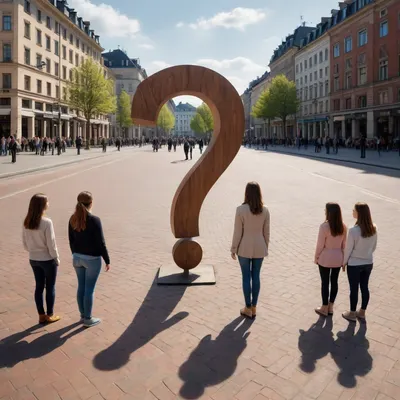 photorealism, highest quality, An upright big wooden question mark 10 meters high standing in between clothed young women on a city square, question mark, ?